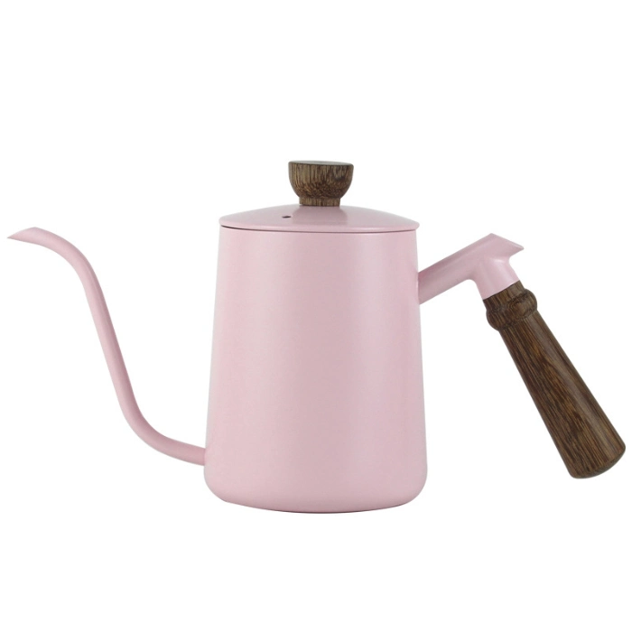 Amazon Hot Sale 600ml White Black Pink Stainless Steel Gooseneck Long Narrow Drip Spout Coffee Tea Pot with Wood Handle