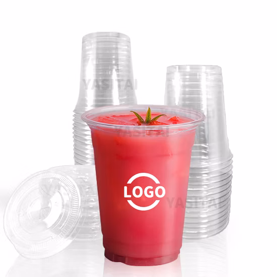 クリアプラスチック使い捨てプラスチックカップアイスコーヒーバブルボバミルクティースムージー用フラット蓋またはドーム蓋カスタムロゴ